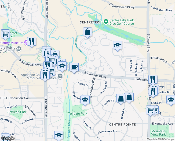 map of restaurants, bars, coffee shops, grocery stores, and more near 481 South Kalispell Way in Aurora