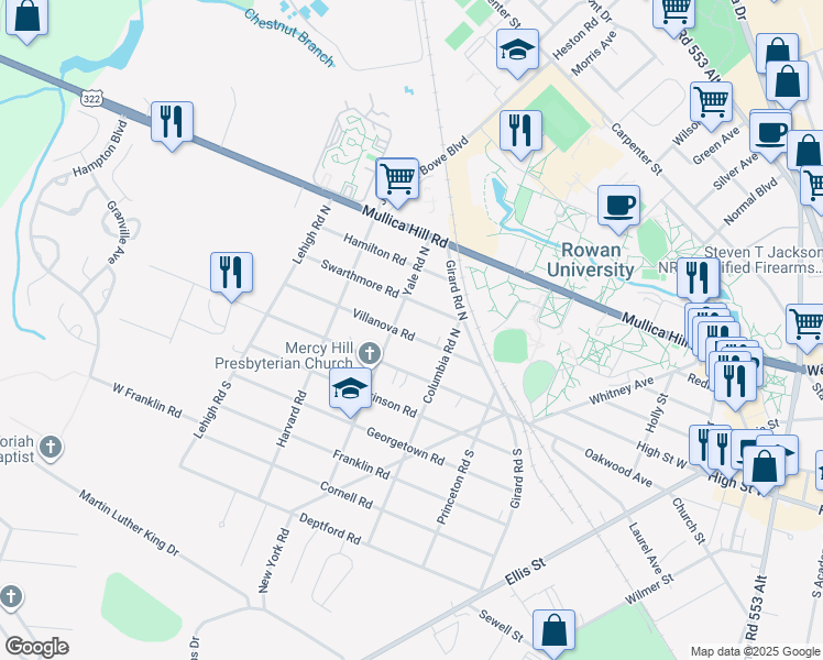 map of restaurants, bars, coffee shops, grocery stores, and more near 214 Swarthmore Road in Glassboro