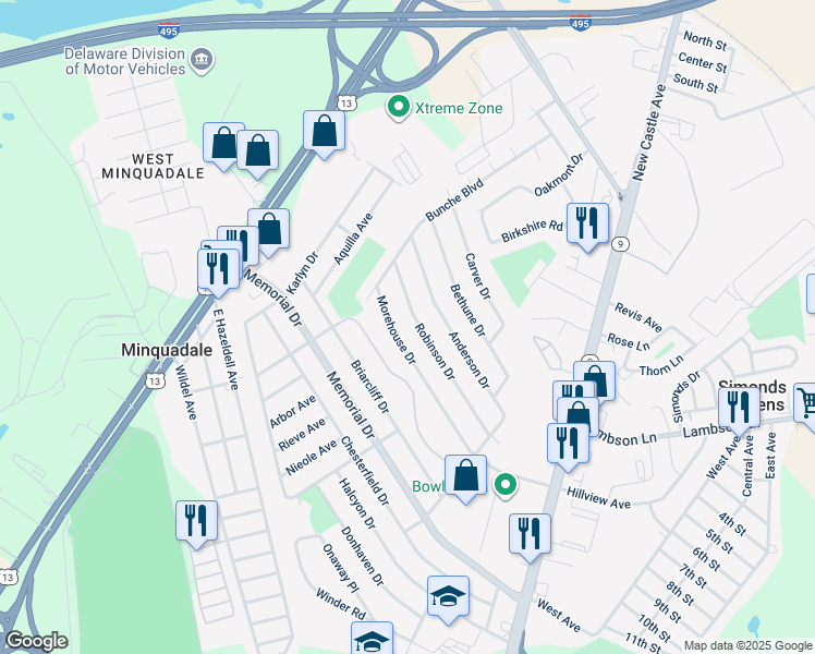 map of restaurants, bars, coffee shops, grocery stores, and more near 420 Robinson Drive in Wilmington