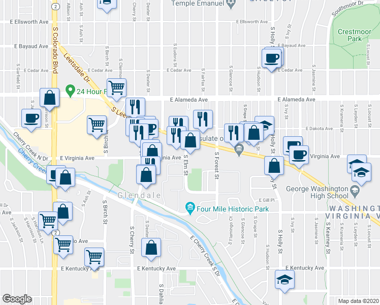 map of restaurants, bars, coffee shops, grocery stores, and more near 500 South Elm Street in Glendale