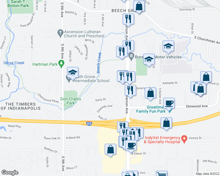 map of restaurants, bars, coffee shops, grocery stores, and more near 310 Grovewood Drive in Beech Grove