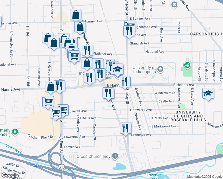map of restaurants, bars, coffee shops, grocery stores, and more near 4001 Madison Avenue in Indianapolis