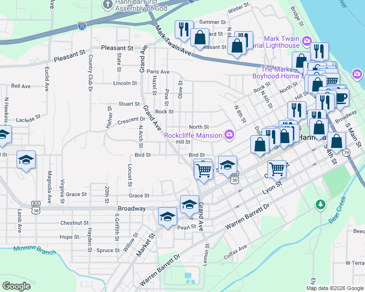 map of restaurants, bars, coffee shops, grocery stores, and more near 321 North Section Street in Hannibal