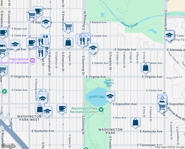 map of restaurants, bars, coffee shops, grocery stores, and more near 480 South Marion Parkway in Denver