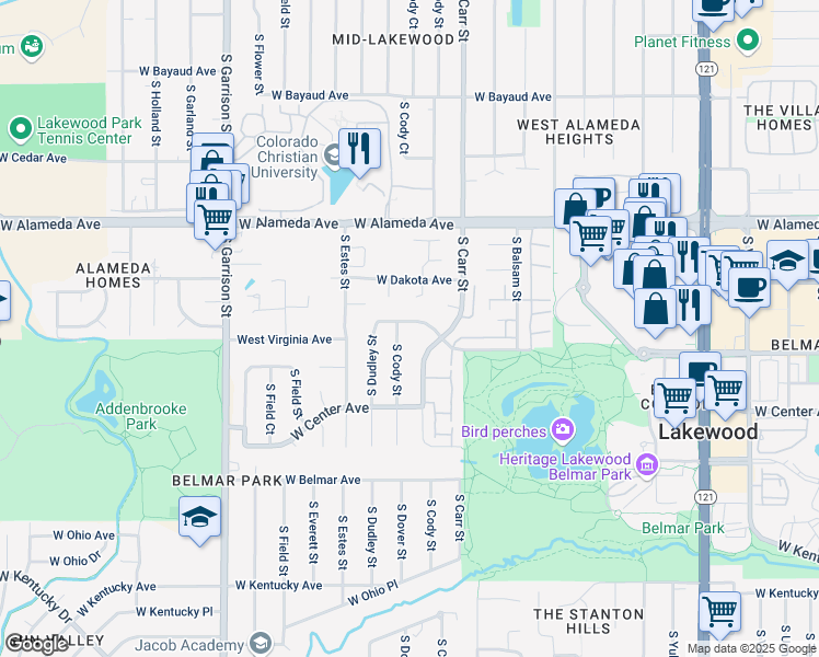 map of restaurants, bars, coffee shops, grocery stores, and more near 8480 West Virginia Avenue in Lakewood