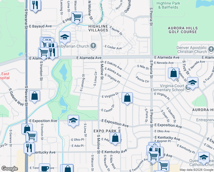 map of restaurants, bars, coffee shops, grocery stores, and more near 436 South Newark Way in Aurora