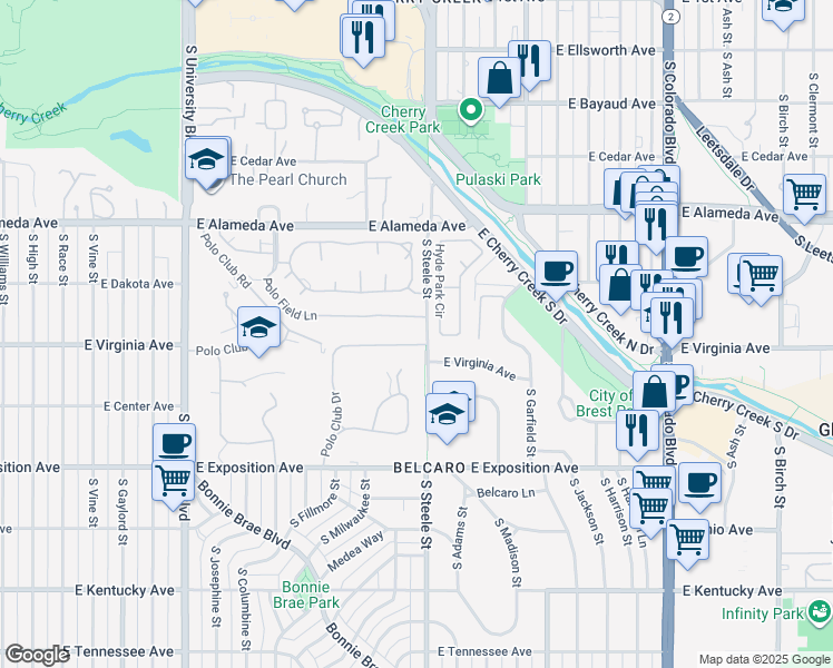 map of restaurants, bars, coffee shops, grocery stores, and more near 17 Polo Field Lane in Denver
