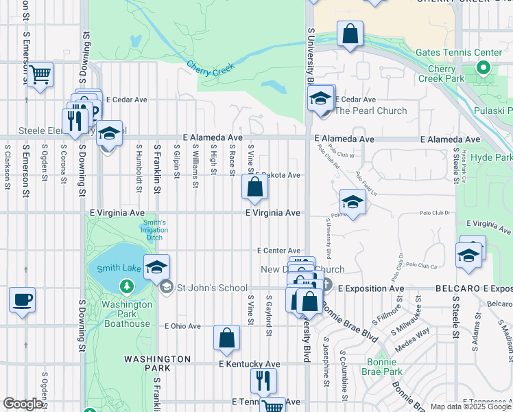 map of restaurants, bars, coffee shops, grocery stores, and more near 468 South Vine Street in Denver