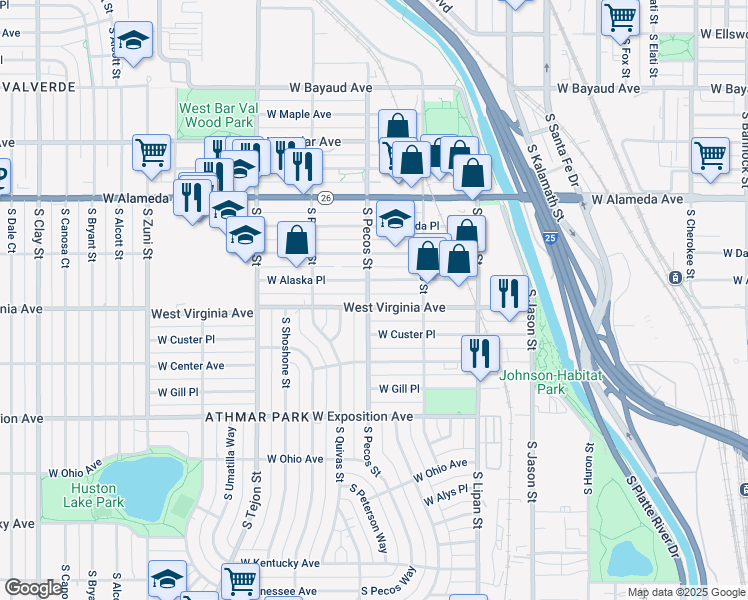 map of restaurants, bars, coffee shops, grocery stores, and more near 464 South Pecos Street in Denver