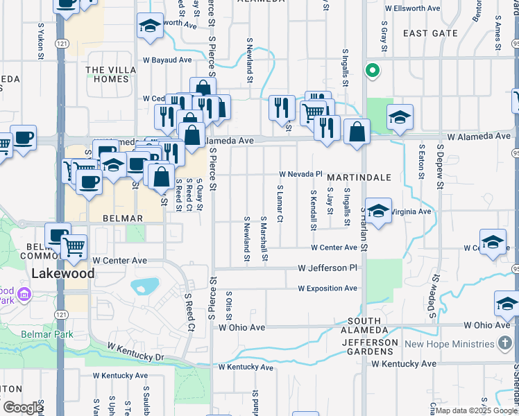 map of restaurants, bars, coffee shops, grocery stores, and more near 467 South Marshall Street in Lakewood