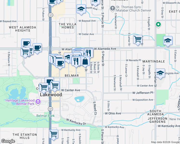 map of restaurants, bars, coffee shops, grocery stores, and more near 446 South Saulsbury Street in Lakewood