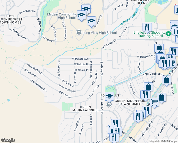 map of restaurants, bars, coffee shops, grocery stores, and more near 13432 West Alaska Place in Lakewood