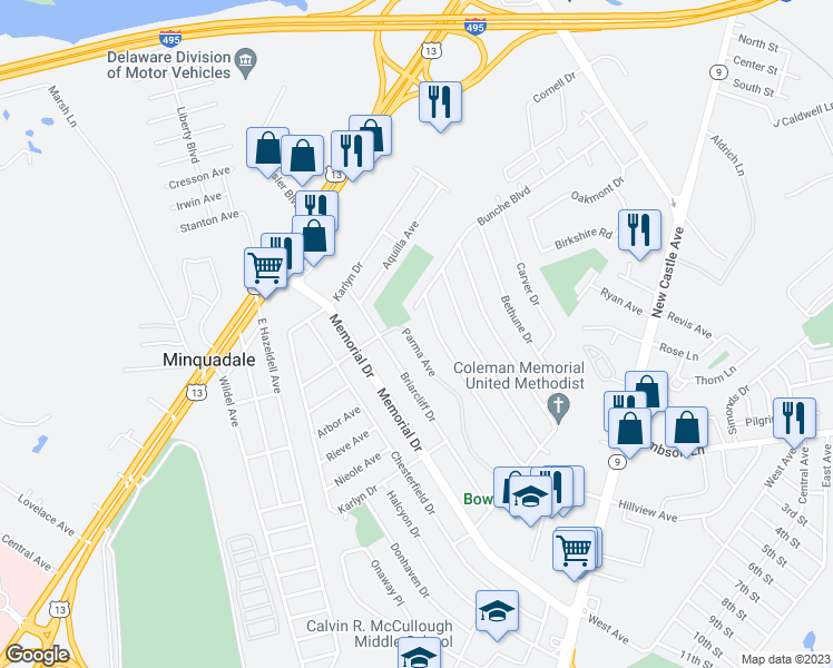 map of restaurants, bars, coffee shops, grocery stores, and more near 408 Morehouse Drive in Wilmington