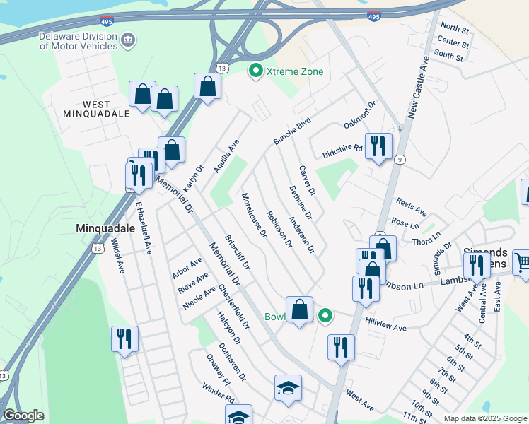 map of restaurants, bars, coffee shops, grocery stores, and more near 420 Robinson Drive in Wilmington