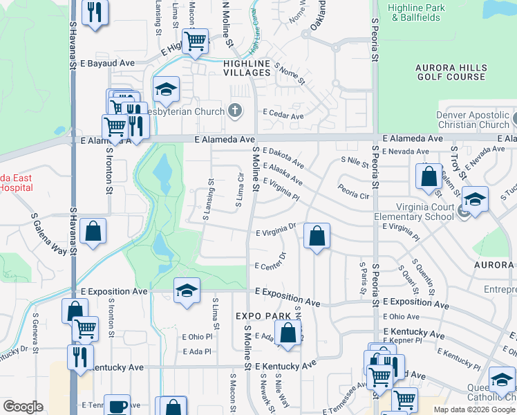 map of restaurants, bars, coffee shops, grocery stores, and more near 436 South Newark Way in Aurora