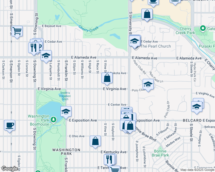 map of restaurants, bars, coffee shops, grocery stores, and more near 480 South Vine Street in Denver