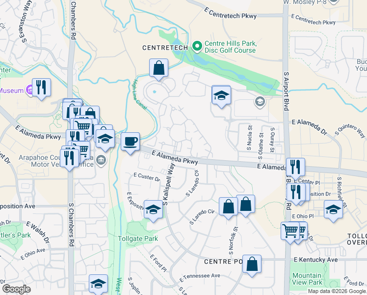 map of restaurants, bars, coffee shops, grocery stores, and more near 472 South Kalispell Way in Aurora