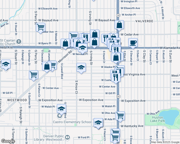 map of restaurants, bars, coffee shops, grocery stores, and more near 3309 West Virginia Avenue in Denver
