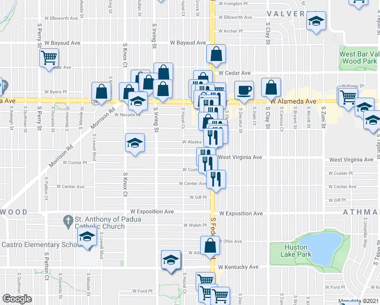map of restaurants, bars, coffee shops, grocery stores, and more near 3131 West Virginia Avenue in Denver