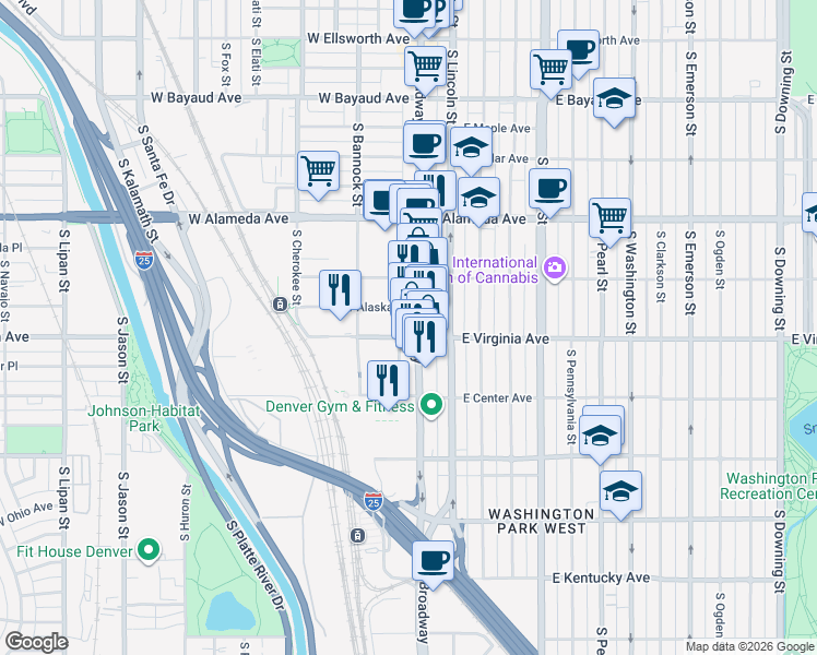 map of restaurants, bars, coffee shops, grocery stores, and more near 457 South Broadway in Denver