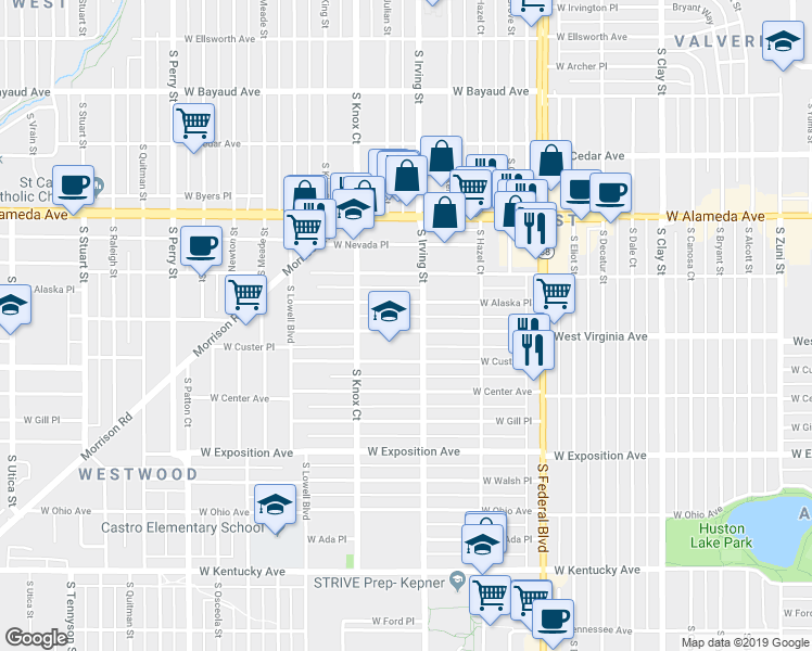 map of restaurants, bars, coffee shops, grocery stores, and more near 3353 West Virginia Avenue in Denver