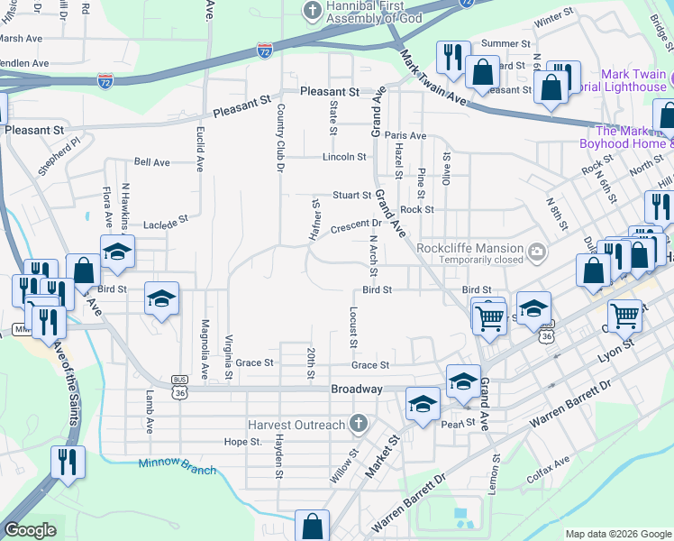 map of restaurants, bars, coffee shops, grocery stores, and more near 26 Ridgewood Drive in Hannibal