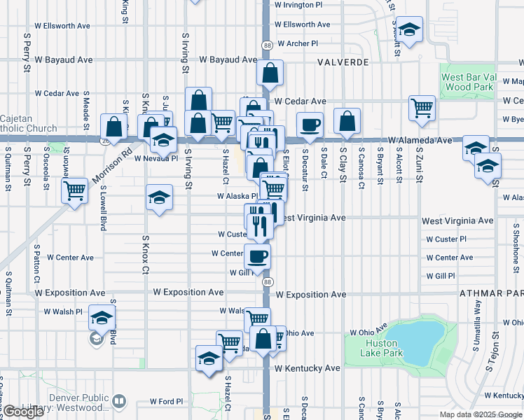 map of restaurants, bars, coffee shops, grocery stores, and more near 495 South Federal Boulevard in Denver