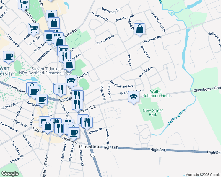 map of restaurants, bars, coffee shops, grocery stores, and more near 120 Alfred Avenue in Glassboro