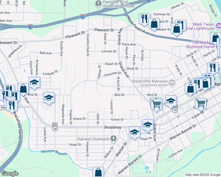 map of restaurants, bars, coffee shops, grocery stores, and more near 18 Ridgewood Drive in Hannibal