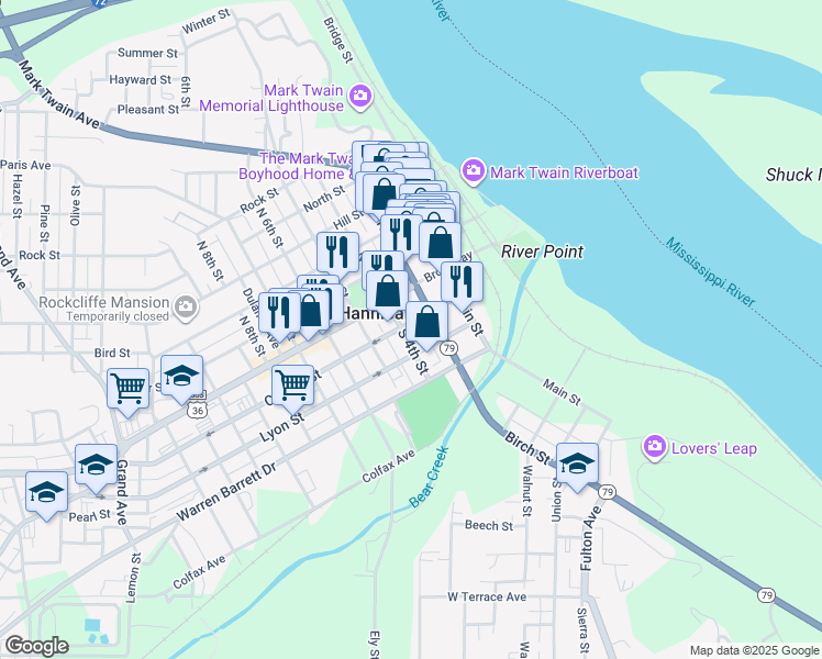 map of restaurants, bars, coffee shops, grocery stores, and more near 115 South 4th Street in Hannibal