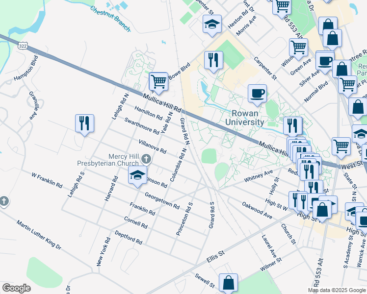 map of restaurants, bars, coffee shops, grocery stores, and more near 200 Swarthmore Road in Glassboro