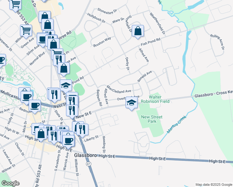 map of restaurants, bars, coffee shops, grocery stores, and more near 316 MacClelland Avenue in Glassboro