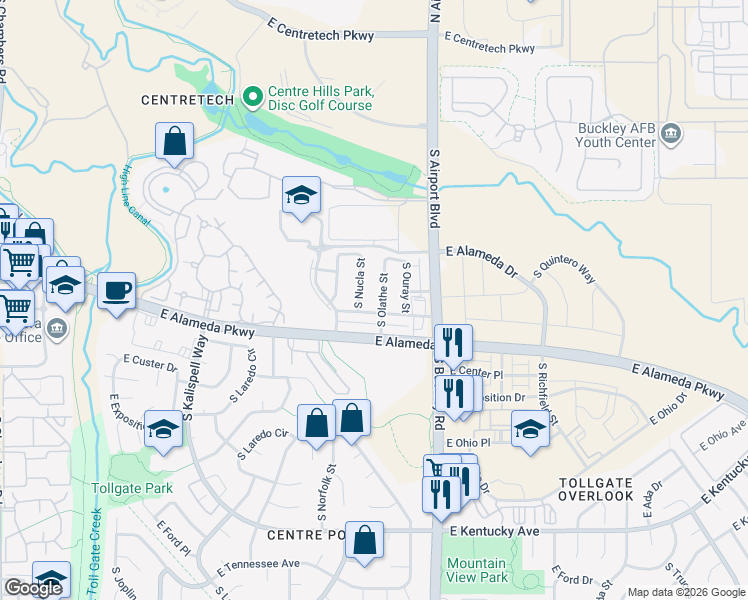 map of restaurants, bars, coffee shops, grocery stores, and more near 478 South Olathe Street in Aurora