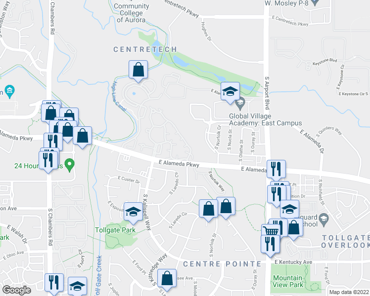 map of restaurants, bars, coffee shops, grocery stores, and more near 477 South Memphis Way in Aurora