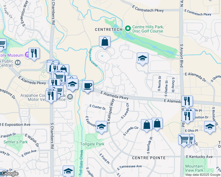 map of restaurants, bars, coffee shops, grocery stores, and more near 481 South Kalispell Way in Aurora
