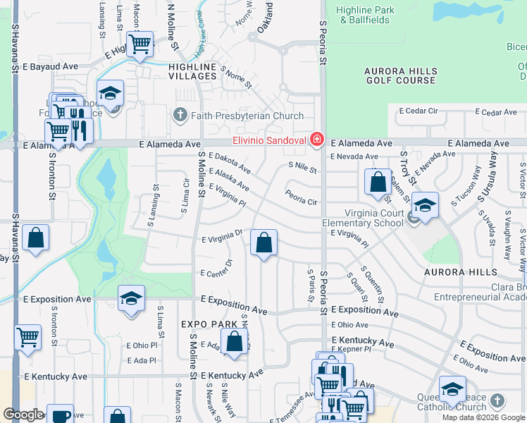 map of restaurants, bars, coffee shops, grocery stores, and more near 11749 East Virginia Place in Aurora
