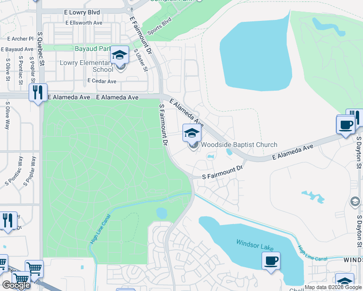 map of restaurants, bars, coffee shops, grocery stores, and more near 8335 Fairmount Drive in Denver