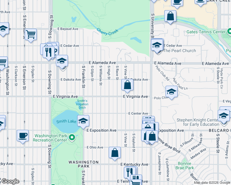 map of restaurants, bars, coffee shops, grocery stores, and more near 472 South Race Street in Denver