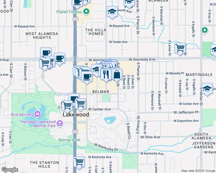 map of restaurants, bars, coffee shops, grocery stores, and more near 470 South Teller Street in Lakewood