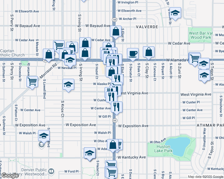 map of restaurants, bars, coffee shops, grocery stores, and more near 495 South Federal Boulevard in Denver