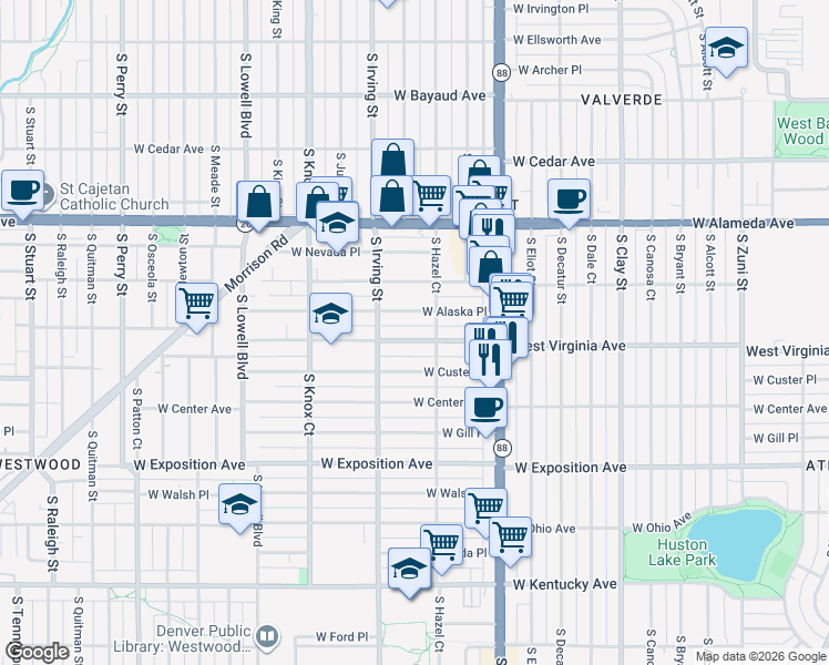 map of restaurants, bars, coffee shops, grocery stores, and more near 3211 West Virginia Avenue in Denver