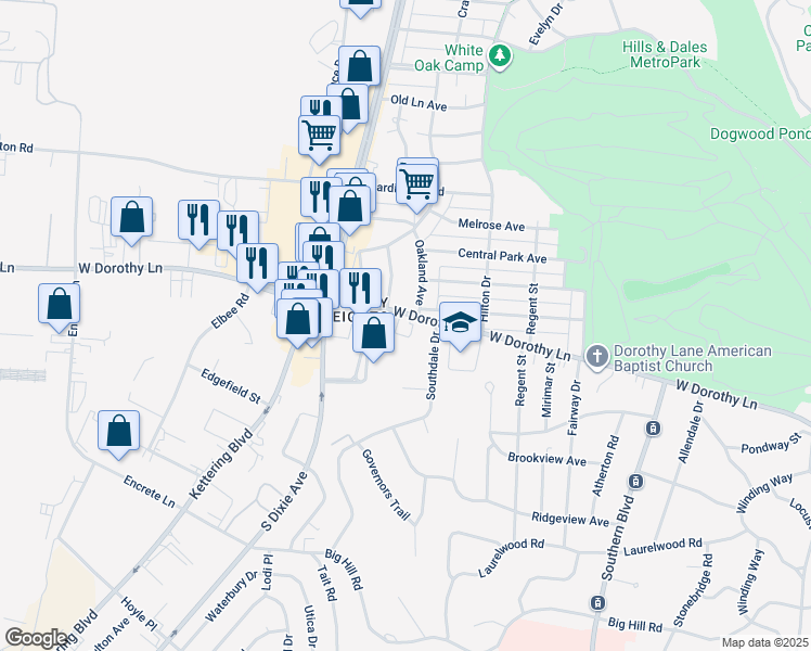map of restaurants, bars, coffee shops, grocery stores, and more near 1300 West Dorothy Lane in Dayton