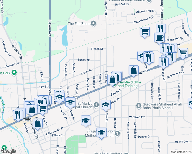 map of restaurants, bars, coffee shops, grocery stores, and more near 302 Raines Street in Plainfield