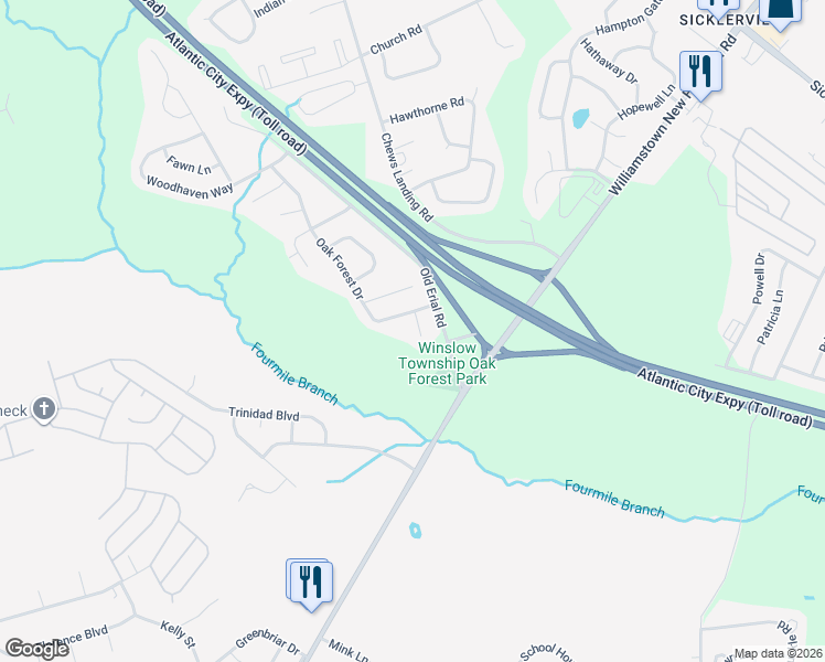 map of restaurants, bars, coffee shops, grocery stores, and more near 3 Cold Springs Court in Sicklerville