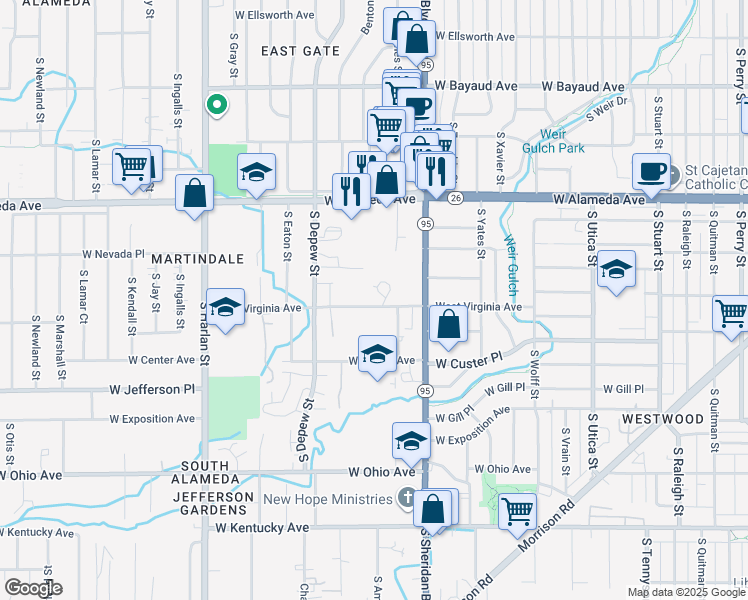 map of restaurants, bars, coffee shops, grocery stores, and more near 5335 West Virginia Avenue in Lakewood