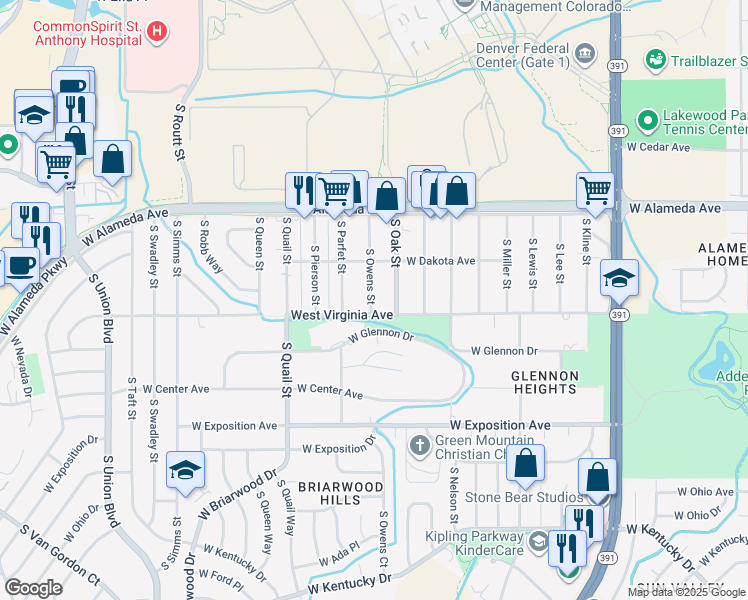 map of restaurants, bars, coffee shops, grocery stores, and more near 470 South Owens Street in Denver