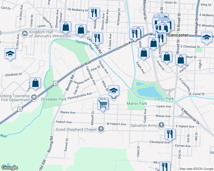 map of restaurants, bars, coffee shops, grocery stores, and more near 328 Witte Street in Lancaster