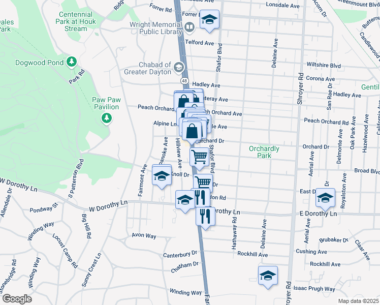 map of restaurants, bars, coffee shops, grocery stores, and more near 2537 Far Hills Avenue in Dayton