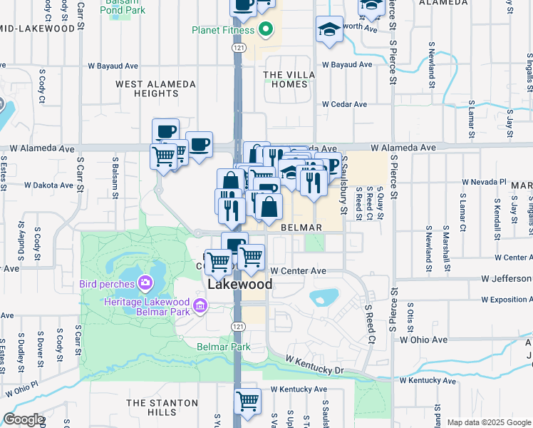 map of restaurants, bars, coffee shops, grocery stores, and more near 456 South Vance Street in Lakewood