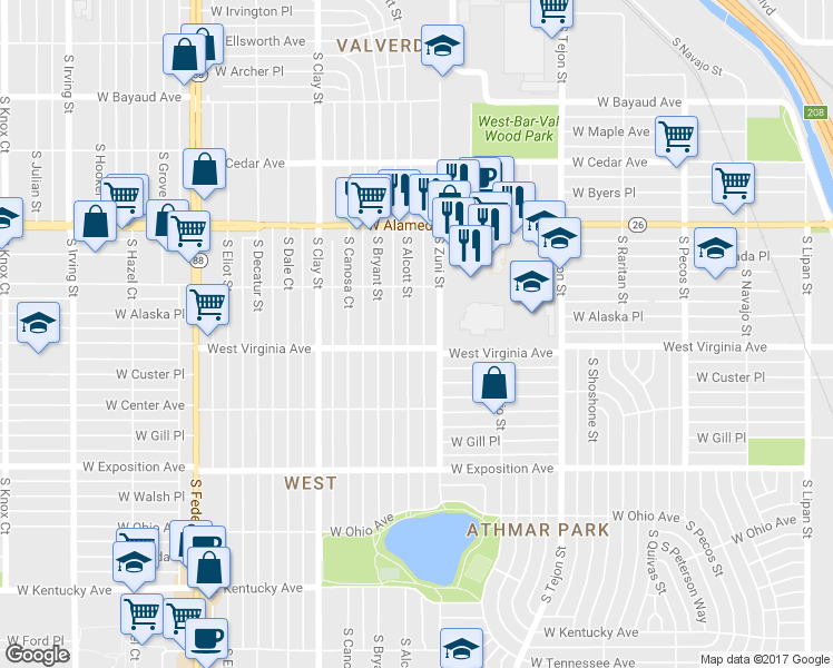 map of restaurants, bars, coffee shops, grocery stores, and more near 480 South Alcott Street in Denver